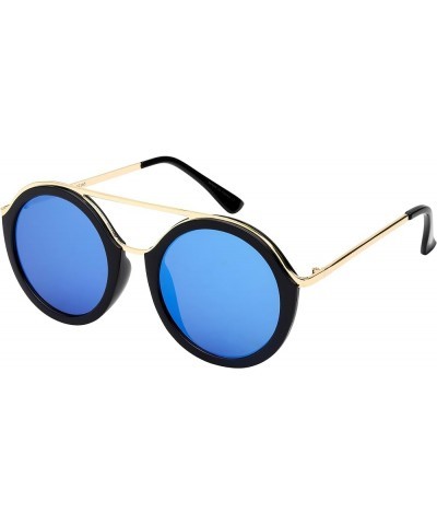 Retro Style Round Flat Lens Sunnies w/Flat Top Bar 32165TT-FLREV Black Blue-White Mirrored $9.34 Round