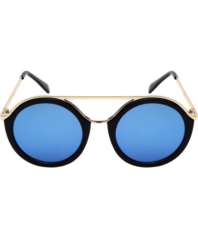 Retro Style Round Flat Lens Sunnies w/Flat Top Bar 32165TT-FLREV Black Blue-White Mirrored $9.34 Round