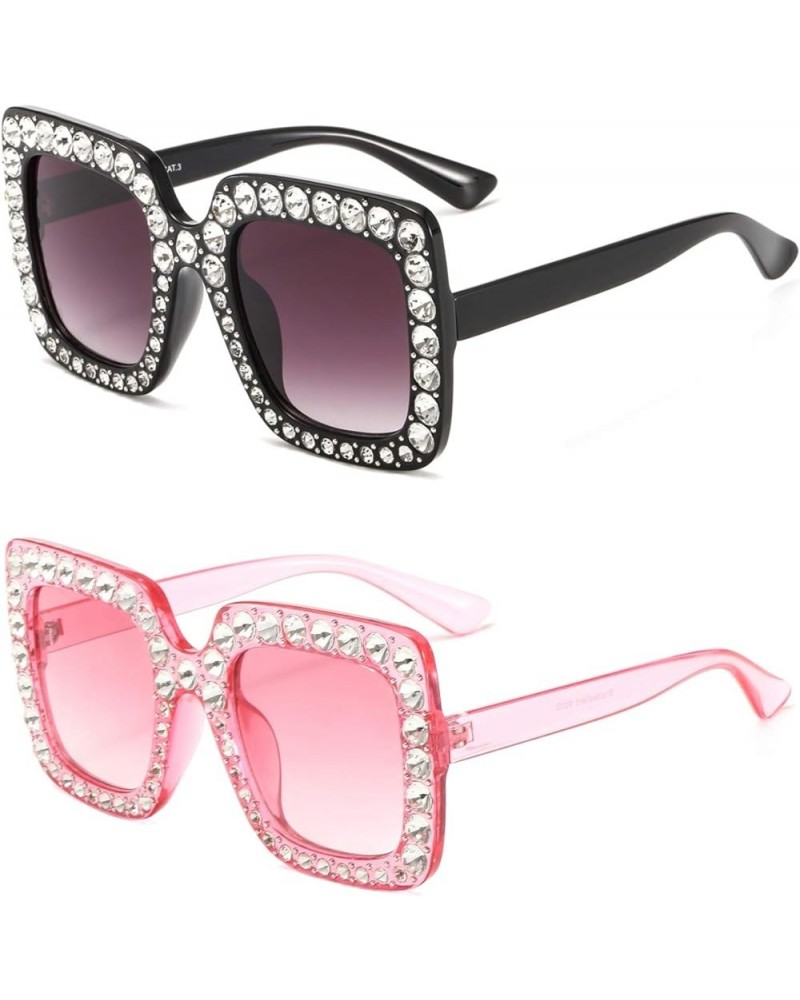 Oversized Sunglasses for Women Square Thick Frame Bling Bling Rhinestone Novelty Shades Square Black-grey+square Pink-pink $8...