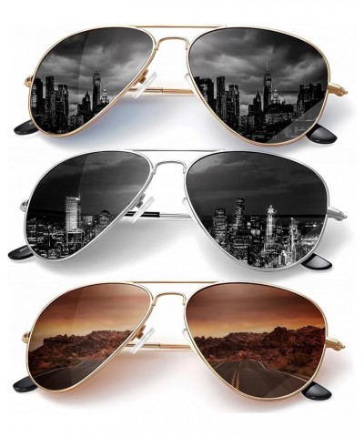 Classic Aviator Sunglasses for Men Women Driving Sun glasses Polarized Lens UV Blocking F (3 Pack) Brown/Golden Black/Silvery...