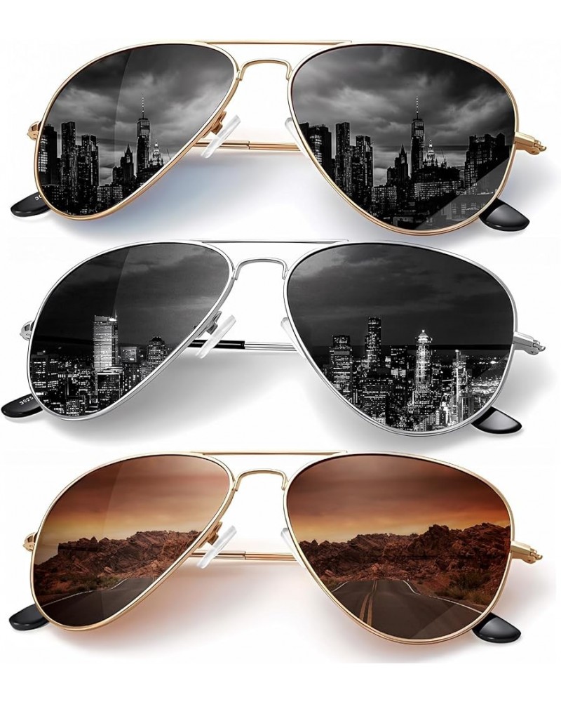 Classic Aviator Sunglasses for Men Women Driving Sun glasses Polarized Lens UV Blocking F (3 Pack) Brown/Golden Black/Silvery...