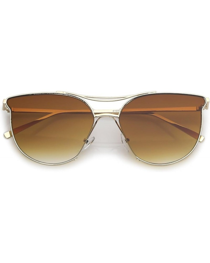 Modern Slim Metal Arms Double Nose Bridge Round Flat Lens Cat Eye Sunglasses 55mm Gold / Amber $10.24 Cat Eye