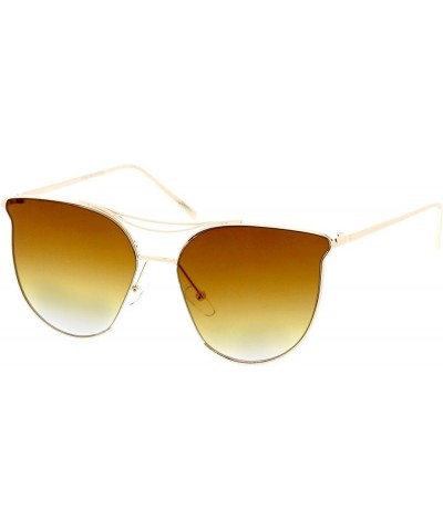 Modern Slim Metal Arms Double Nose Bridge Round Flat Lens Cat Eye Sunglasses 55mm Gold / Amber $10.24 Cat Eye