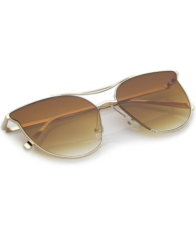 Modern Slim Metal Arms Double Nose Bridge Round Flat Lens Cat Eye Sunglasses 55mm Gold / Amber $10.24 Cat Eye