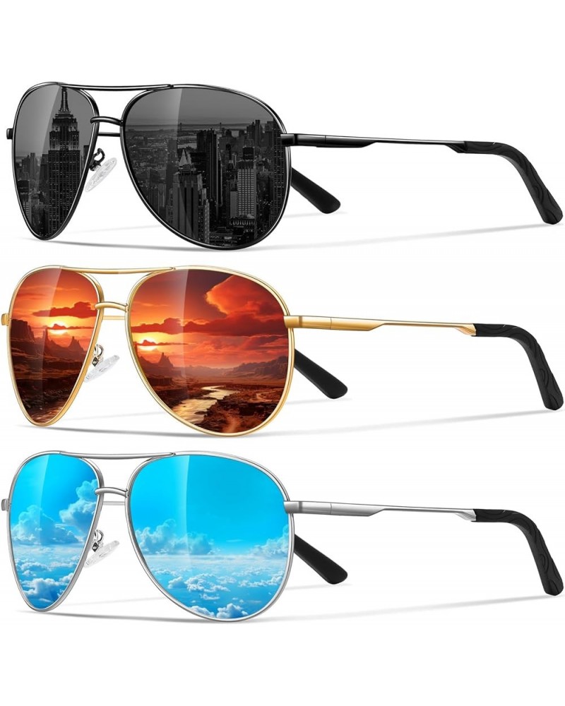 Polarized Aviator Sunglasses for Men Women- Classic Sun Glasses for Driving Fishing with UV Protection A1(3 Pack) Black/Ice B...