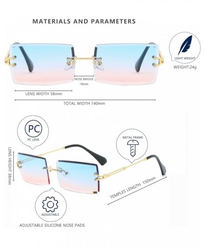 Retro Rimless Rectangle Sunglasses for Women Men Tinted Lens Gold Metal Frameless Vintage Square Glasses Blue Pink $9.34 Rimless