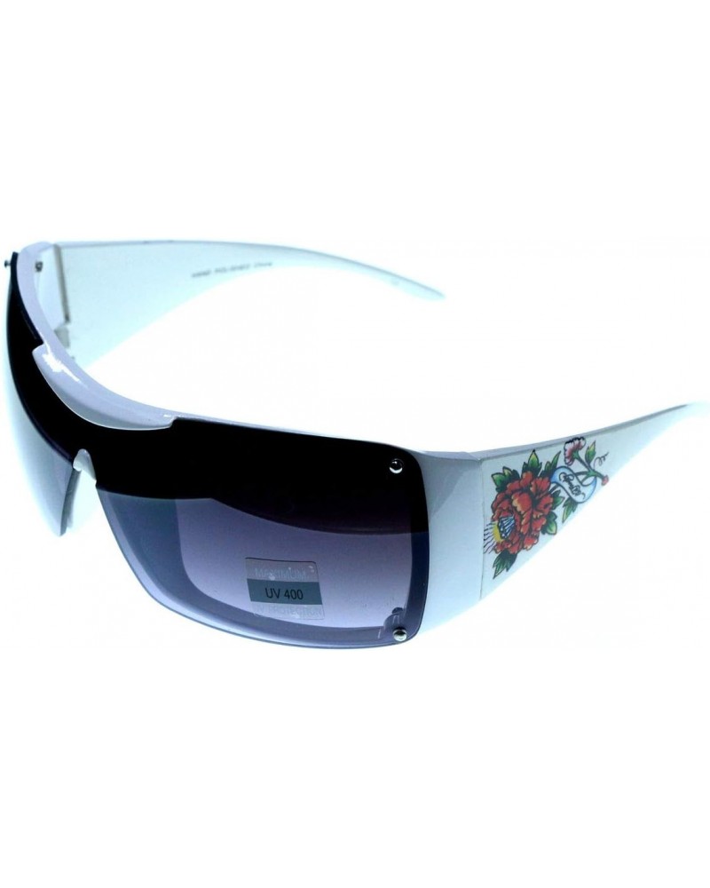 UV protection Flower tattoo print Goggle-Sunglasses White Frame & Black Lens $14.52 Round