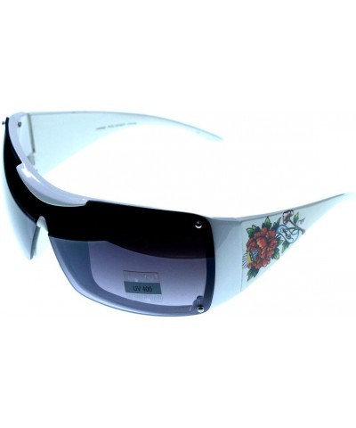 UV protection Flower tattoo print Goggle-Sunglasses White Frame & Black Lens $14.52 Round