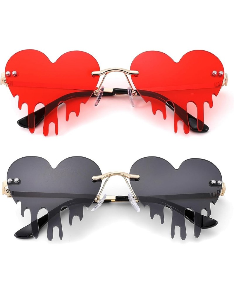 Fire Flame Heart Sunglasses for Women Men Rimless 2 Pack Red Orange Pumpkin Glasses Halloween Party Costume Dripping Heart/Re...