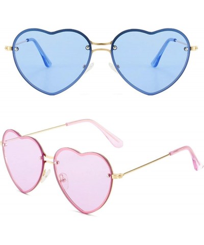 women Rimless Heart Shaped Sunglasses Transparent Frameless Candy Color Tinted Love Eyewear 2pcs-purple&blue $9.29 Oval