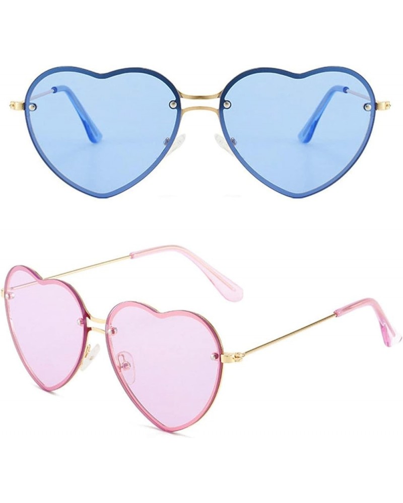 women Rimless Heart Shaped Sunglasses Transparent Frameless Candy Color Tinted Love Eyewear 2pcs-purple&blue $9.29 Oval