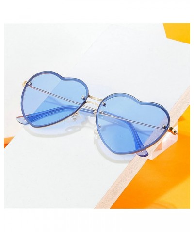 women Rimless Heart Shaped Sunglasses Transparent Frameless Candy Color Tinted Love Eyewear 2pcs-purple&blue $9.29 Oval