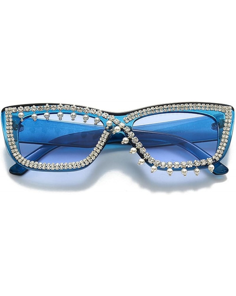 Crystal Pearl Sunglasses - Women Trendy Rectangle Rhinestone Sunglasses Square Bling Diamond Party Sunglasses Blue $9.56 Square