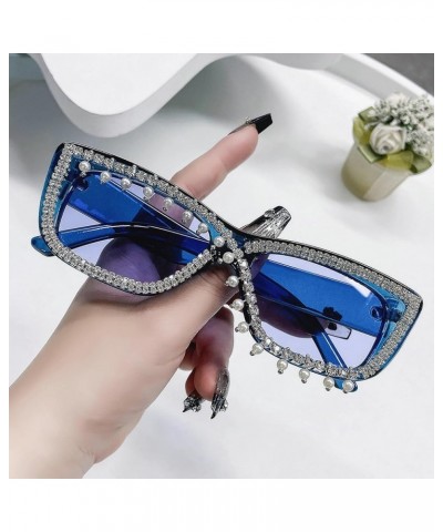 Crystal Pearl Sunglasses - Women Trendy Rectangle Rhinestone Sunglasses Square Bling Diamond Party Sunglasses Blue $9.56 Square