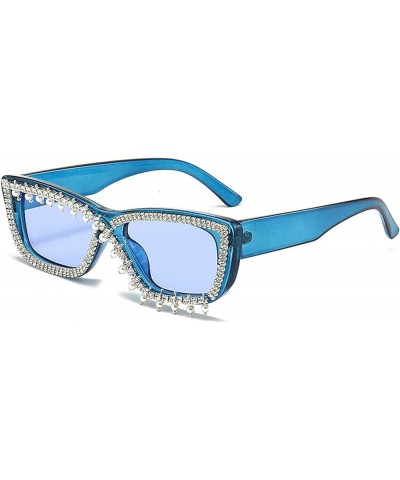 Crystal Pearl Sunglasses - Women Trendy Rectangle Rhinestone Sunglasses Square Bling Diamond Party Sunglasses Blue $9.56 Square