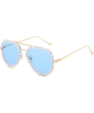 Womens Shiny Pearl Sunglasses Retro Oversized Glasses for Women Pilot Rhinestone Crystal Eyeglasses Blue $9.52 Oval