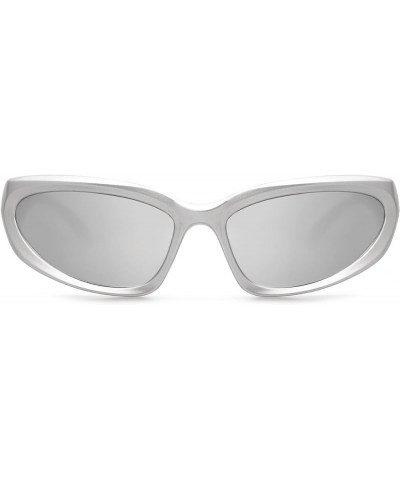 Wrap Around Sport Sunglasses for Women Trendy Fashion Athletic Shades 1 Silver Frame/Silver Lens $7.64 Rectangular