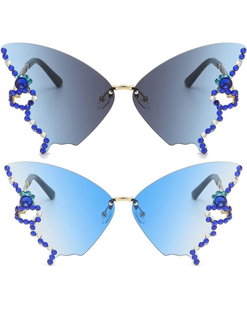 Diamond Butterfly Sunglasses Women Rimless Oversized Rhinestone bling Sun Glasses Ladies Y2K Eyewear 2pcs-blue&gray $10.78 Ov...