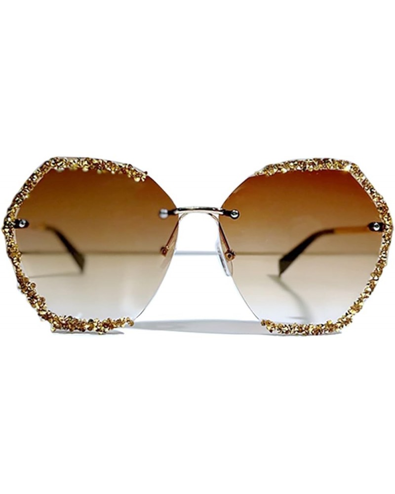 Rhinestone Sunglasses Women 2023 Vintage Rimless Diamond Eyeglasses Gradient Lens Shades for Female Brown $13.41 Rimless