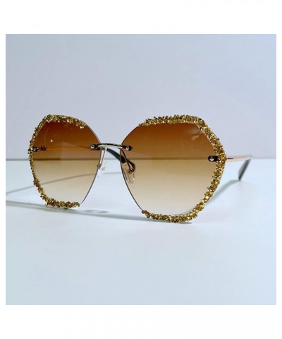 Rhinestone Sunglasses Women 2023 Vintage Rimless Diamond Eyeglasses Gradient Lens Shades for Female Brown $13.41 Rimless