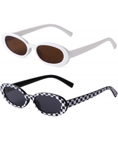 90s Sunglasses for Women Men Retro Oval Sunglasses Glasses White/Tea+checkered/Gray $8.45 Oval