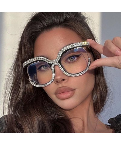 New diamond inlaid owl large frame rainbow trendy style flat lens ins internet famous anti blue light glasses Brown Frame $15...