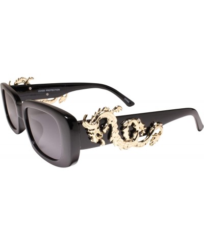 Rectangular Frame w/Gold Metal Dragon Accent Vintage Rectangle Black Sunglasses $10.59 Rectangular