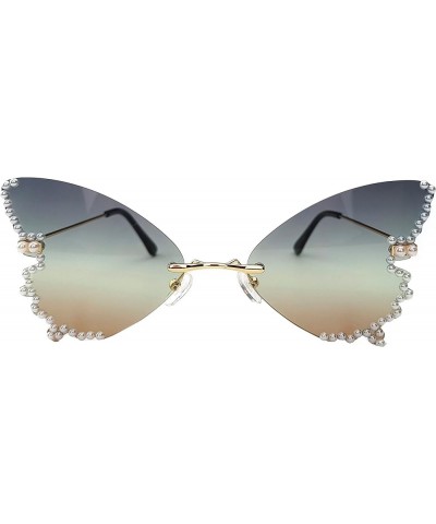 Female Diamond Butterfly Sunglasses for Women pearl Party Rimless Rhinestone bling Sunglasses Eyewear Green $9.79 Rimless