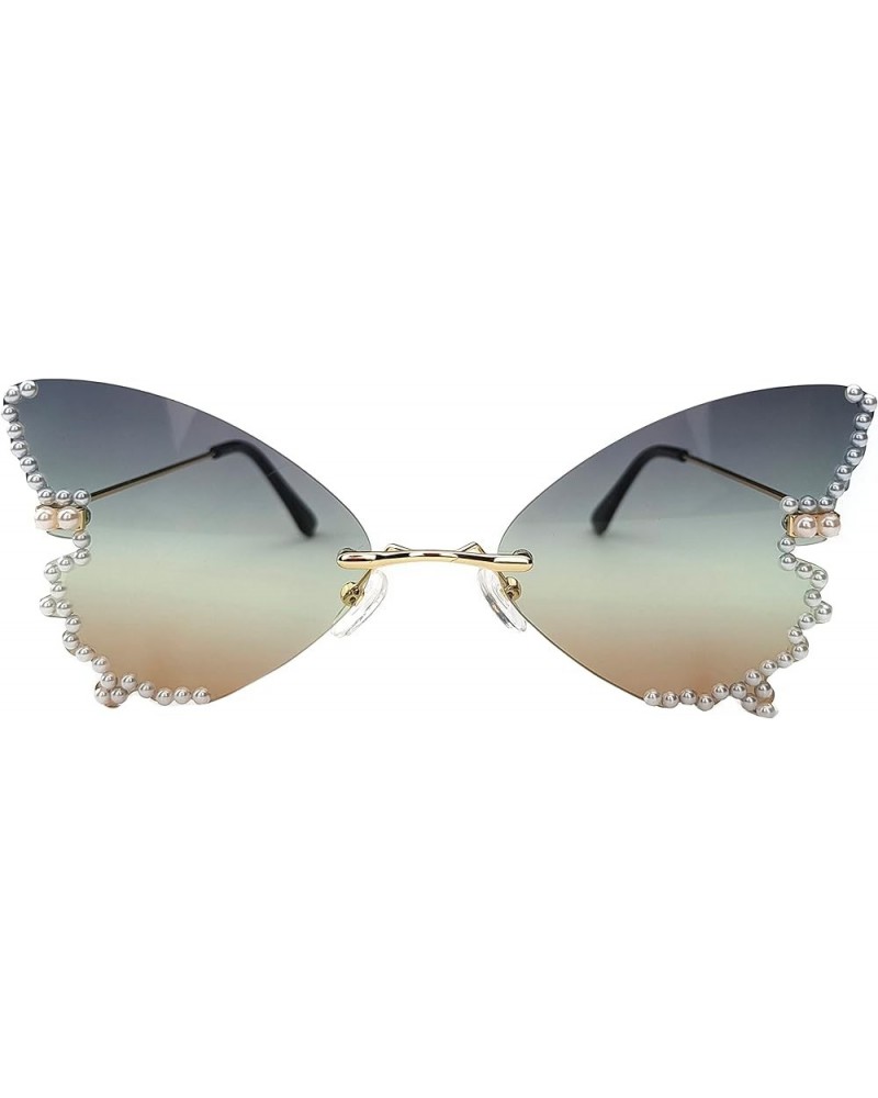 Female Diamond Butterfly Sunglasses for Women pearl Party Rimless Rhinestone bling Sunglasses Eyewear Green $9.79 Rimless