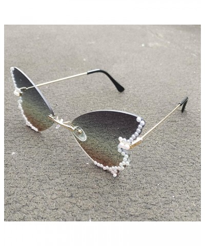 Female Diamond Butterfly Sunglasses for Women pearl Party Rimless Rhinestone bling Sunglasses Eyewear Green $9.79 Rimless