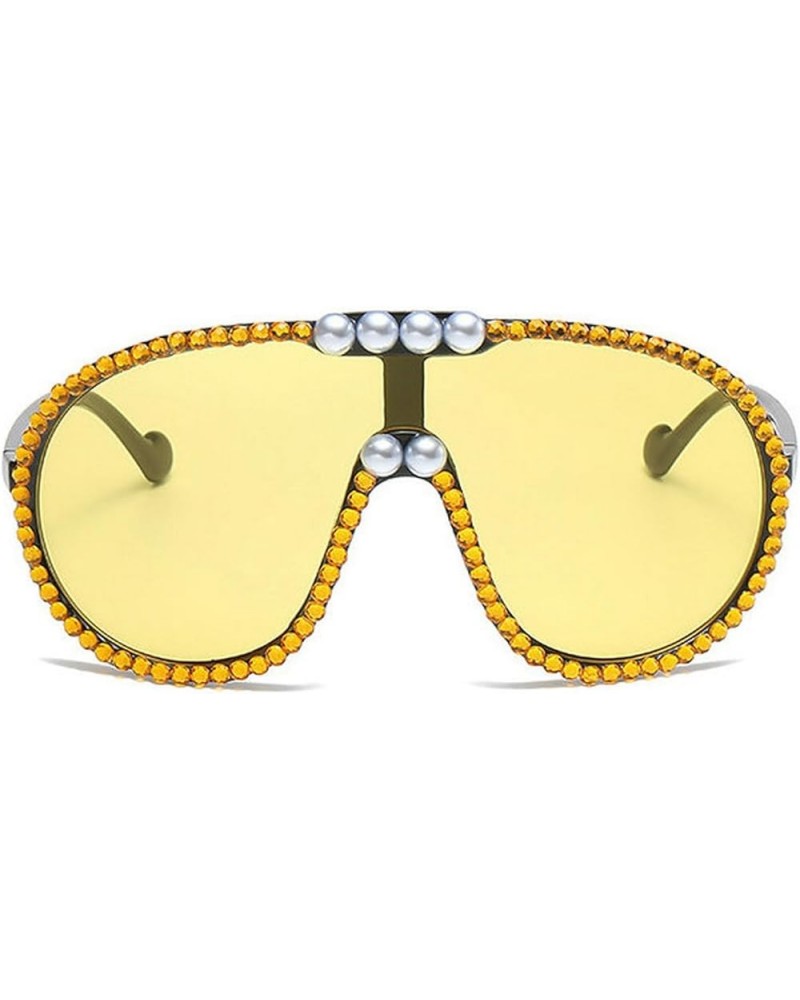 Oversized One Piece Sunglasses for Women Men with Diamond Rhinestones Pearl Fashion Shield Goggles Yellow $9.20 Goggle