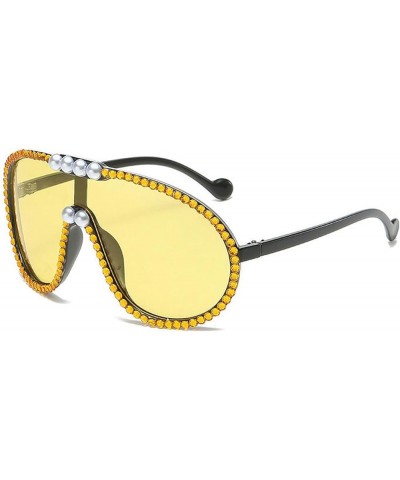 Oversized One Piece Sunglasses for Women Men with Diamond Rhinestones Pearl Fashion Shield Goggles Yellow $9.20 Goggle