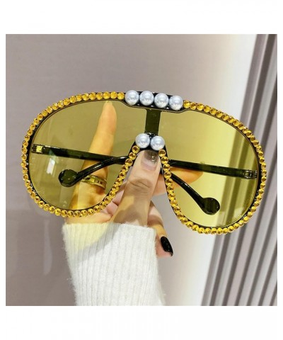 Oversized One Piece Sunglasses for Women Men with Diamond Rhinestones Pearl Fashion Shield Goggles Yellow $9.20 Goggle