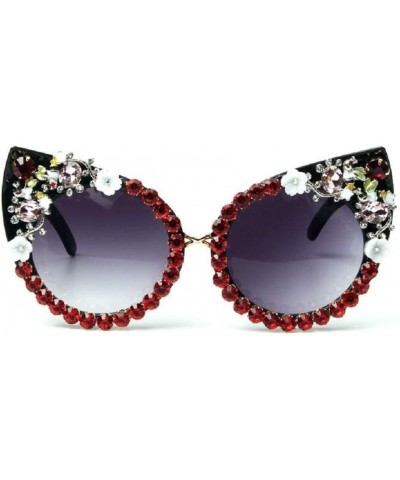 Oversized Rhinestone Cat Eye Women Sunglasses Flower Metal jewel Decoration Red $10.56 Oversized