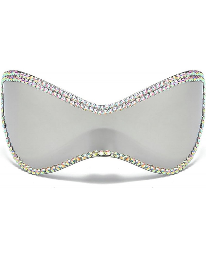 Sparkling Oversized Rhinestone Diamonds Sunglasses Women One Piece Punk Sports Sun Glasses Goggle Silver $11.01 Oversized