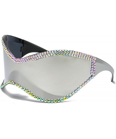 Sparkling Oversized Rhinestone Diamonds Sunglasses Women One Piece Punk Sports Sun Glasses Goggle Silver $11.01 Oversized