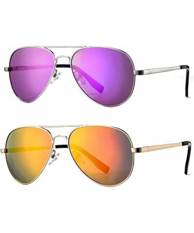 Polarized Aviator Sunglasses for Women Men Classic Metal Shades Mirror Lens 100% UV Blocking, 58mm 2 Pack(silver/Purple Mirro...