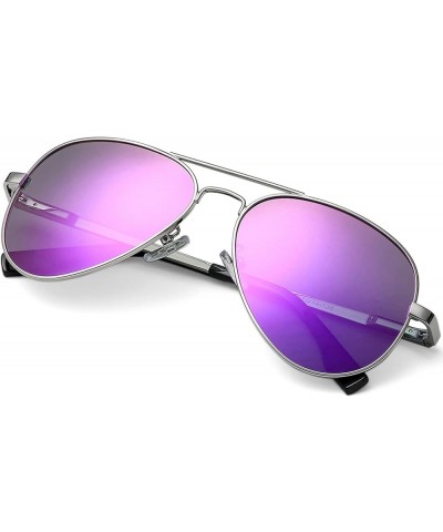 Polarized Aviator Sunglasses for Women Men Classic Metal Shades Mirror Lens 100% UV Blocking, 58mm 2 Pack(silver/Purple Mirro...