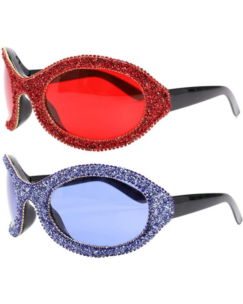 Oversized punk Diamond Sunglasses Women Men Bling Oval Y2K Sports Sun Glasses for Ladies 2000's Eyewear 2pcs-red&blue $10.18 ...