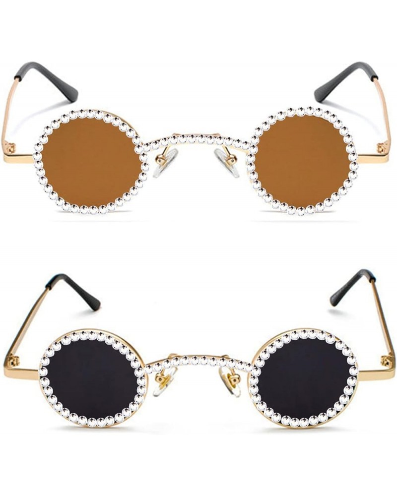 Fashion Vintage Diamond round punk Sunglasses Women Small Frame Crystal Sun Glasses Colorful Rhinestone Shades 2pcs-blackbrow...