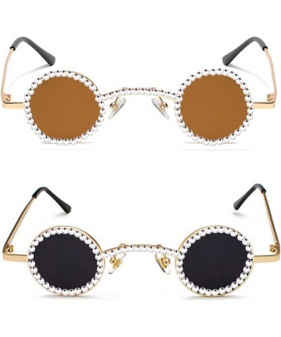 Fashion Vintage Diamond round punk Sunglasses Women Small Frame Crystal Sun Glasses Colorful Rhinestone Shades 2pcs-blackbrow...