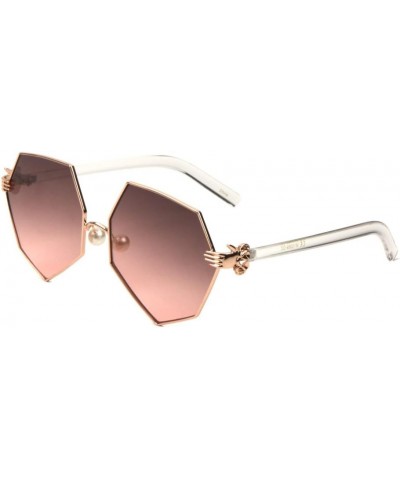 Geometric Oversized Flat Sunglasses w/Pearl Nose Pads & 3D Clown Hand/Glove Hinge Transparent & Rose Gold Frame Maroon Gradie...