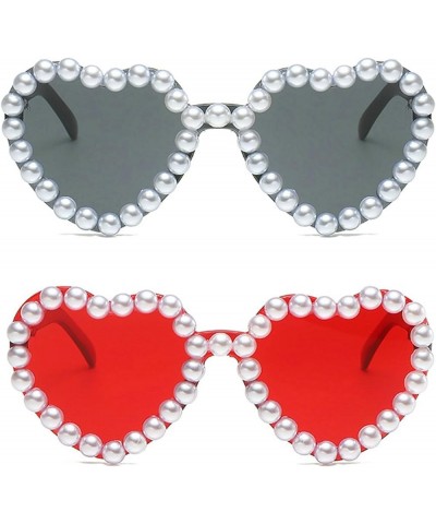 Vintage Jelly Color Bling Pearl Sunglasses Men Fashion Rhinestones Heart Shape Sunglasses Women 2pack Grey+red $9.47 Heart