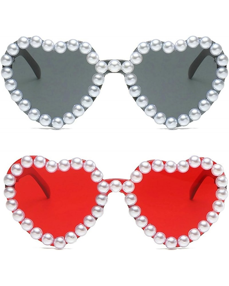 Vintage Jelly Color Bling Pearl Sunglasses Men Fashion Rhinestones Heart Shape Sunglasses Women 2pack Grey+red $9.47 Heart