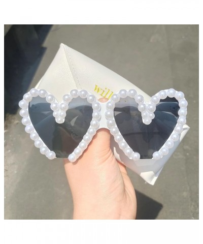 cat eye Sunglasses Womens Retro Heart-Shaped Pearl Frame Fashion Pink Eyewear Trending Cat Eye Beach Shades Uv400 White $10.5...