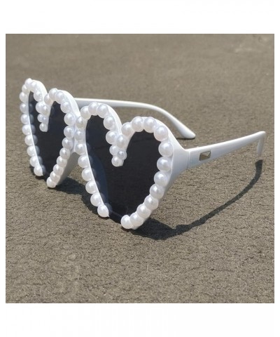 cat eye Sunglasses Womens Retro Heart-Shaped Pearl Frame Fashion Pink Eyewear Trending Cat Eye Beach Shades Uv400 White $10.5...