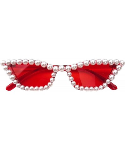 Women Crystal Pearl Sunglasses Shine Style Diamond UV400 Protection party Sun Glasses Red $9.79 Cat Eye