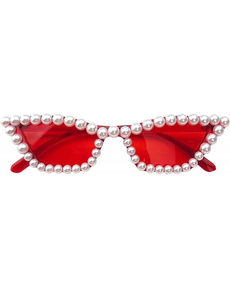 Women Crystal Pearl Sunglasses Shine Style Diamond UV400 Protection party Sun Glasses Red $9.79 Cat Eye