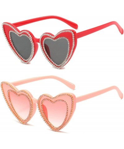 Rhinestone Love Sunglasses Women Diamond Bling Heart Shaped Sunglasses Party Driving for Men UV400 2pcs Red+pink $11.20 Designer