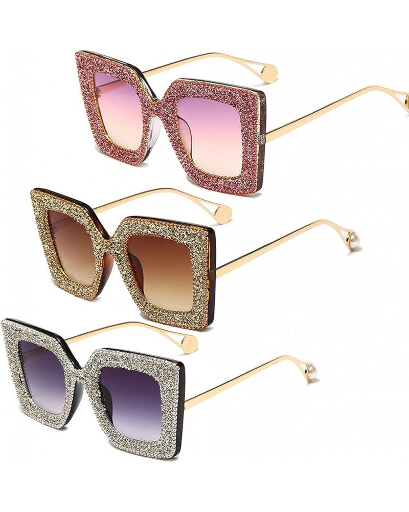 Cute Sparkling Crystal sunglasses women Rhinestone Square Sun glasses Bling Diamond Party Sunglasses 3pack-black&leopard&purp...